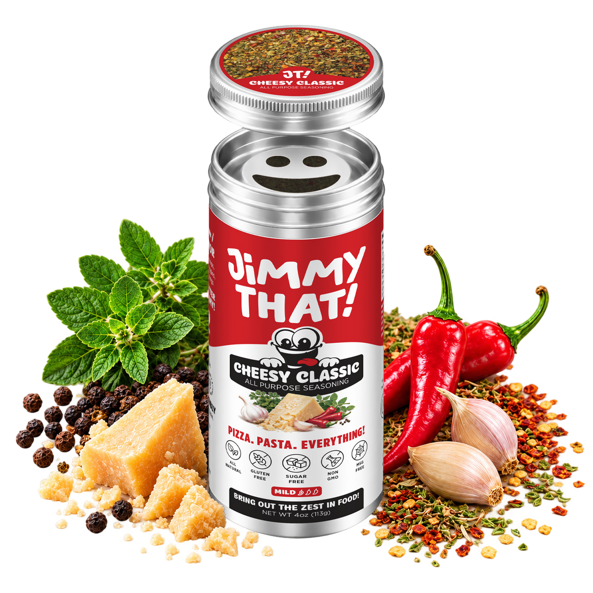 Jimmy That! Cheesy Classic Seasoning jar with oregano, Parmesan, red chili peppers and garlic