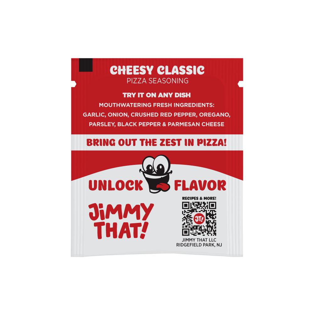 Back of a Cheesy Classic seasoning packet listing garlic, onion, red pepper, oregano, parsley, black pepper and Parmesan