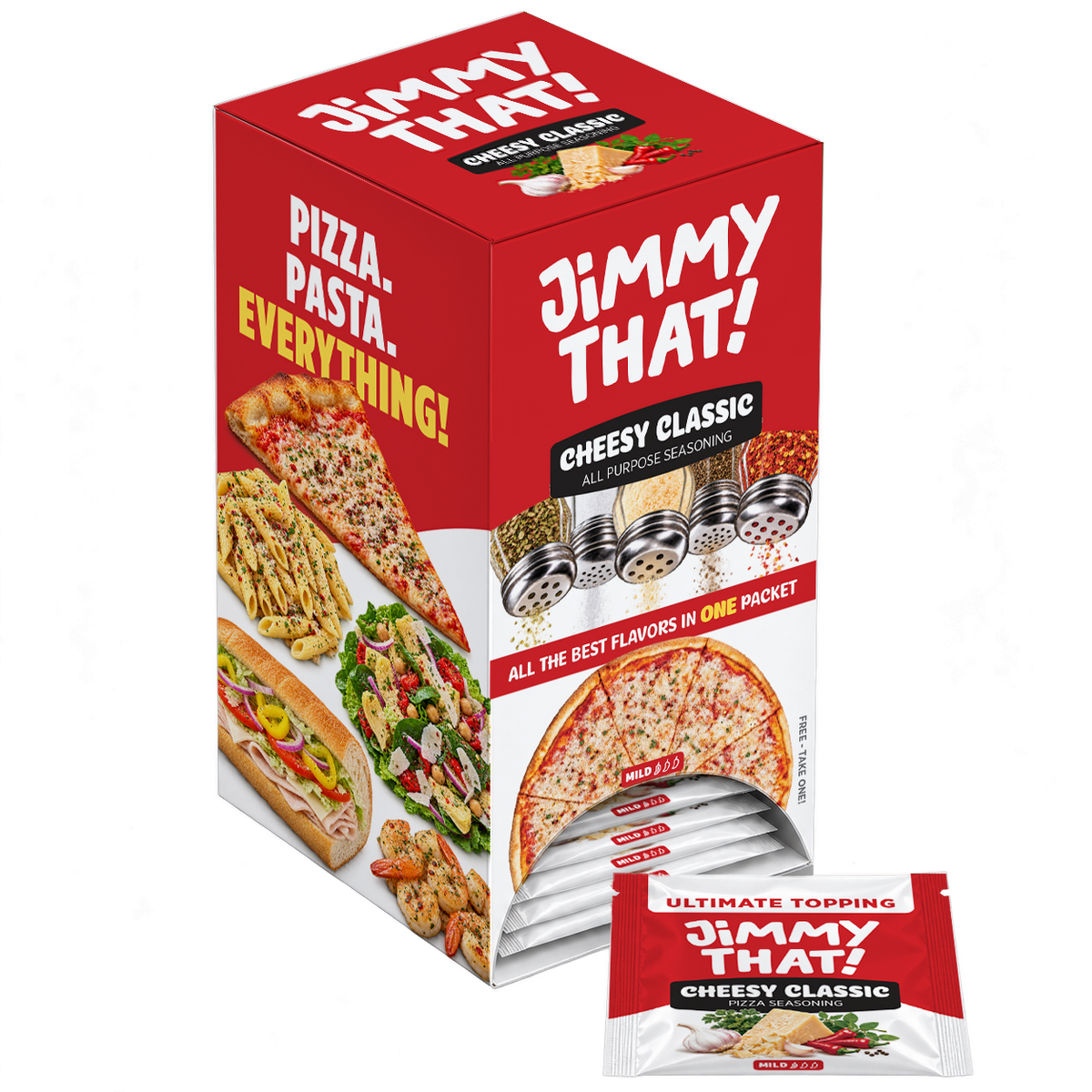 Open Cheesy Classic packet dispenser box with a single seasoning packet in front