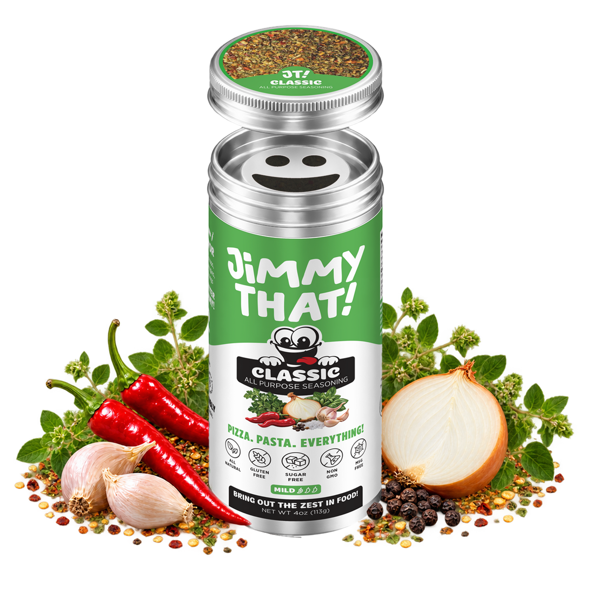 Jimmy That! Dairy-Free Classic Seasoning jar with red chili peppers, garlic, onion and fresh herbs