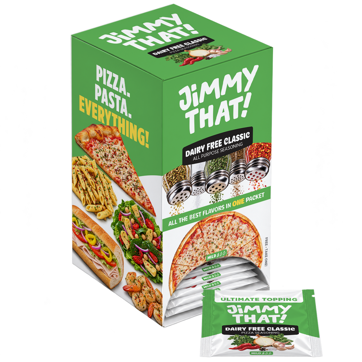 Open Dairy-Free Classic packet dispenser box with a single seasoning packet in front