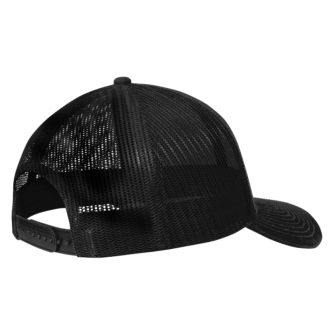 Back of the black Jimmy That! trucker hat showing the mesh panels and adjustable snap closure