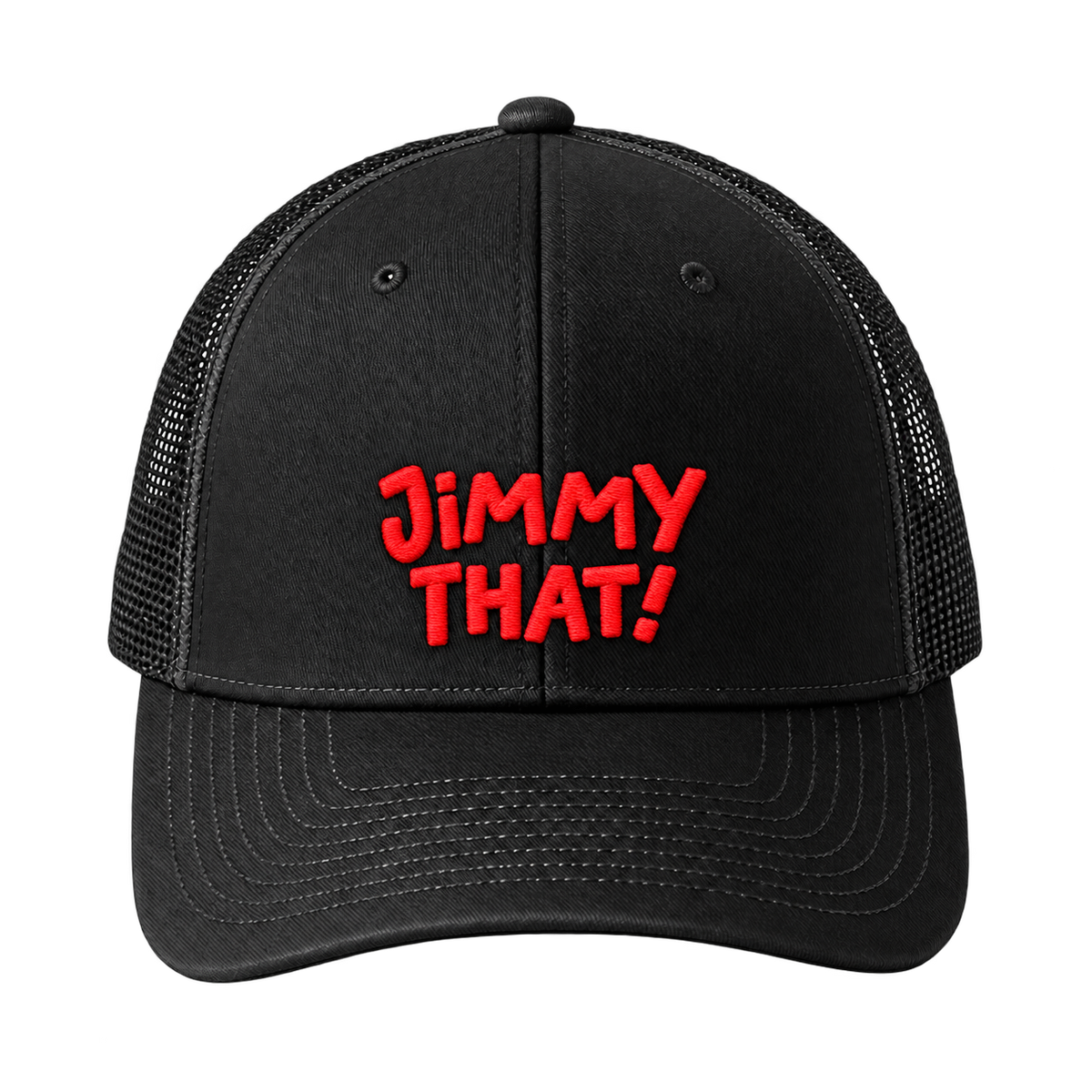 Black Jimmy That! trucker hat with red embroidered logo, front view