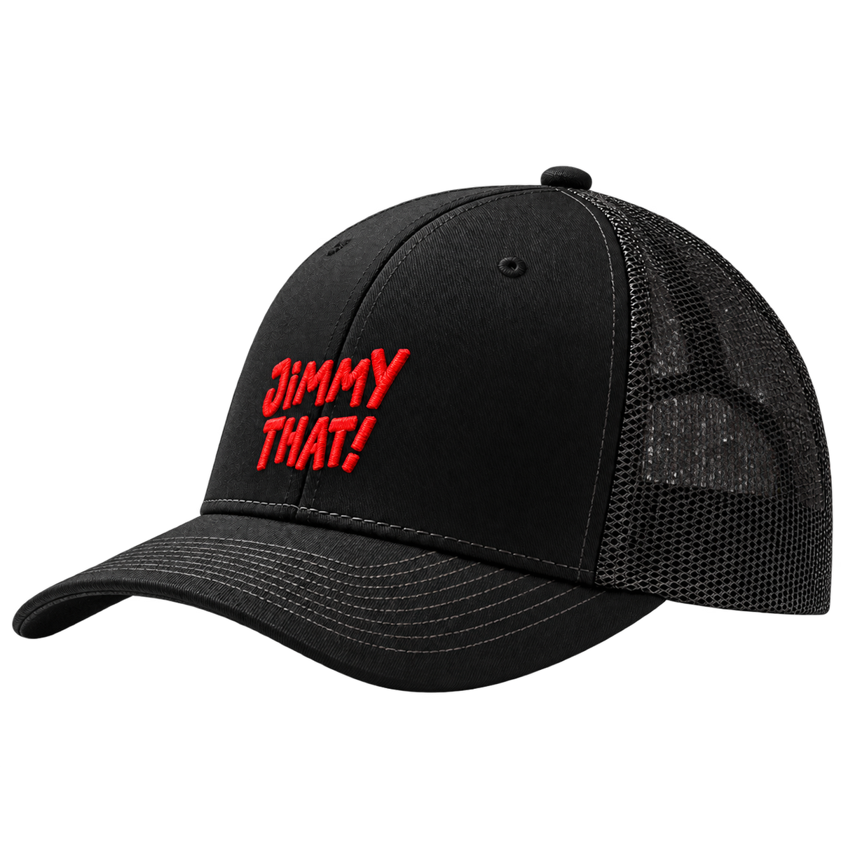 Black Jimmy That! trucker hat with mesh back panels and red embroidered logo, side angle