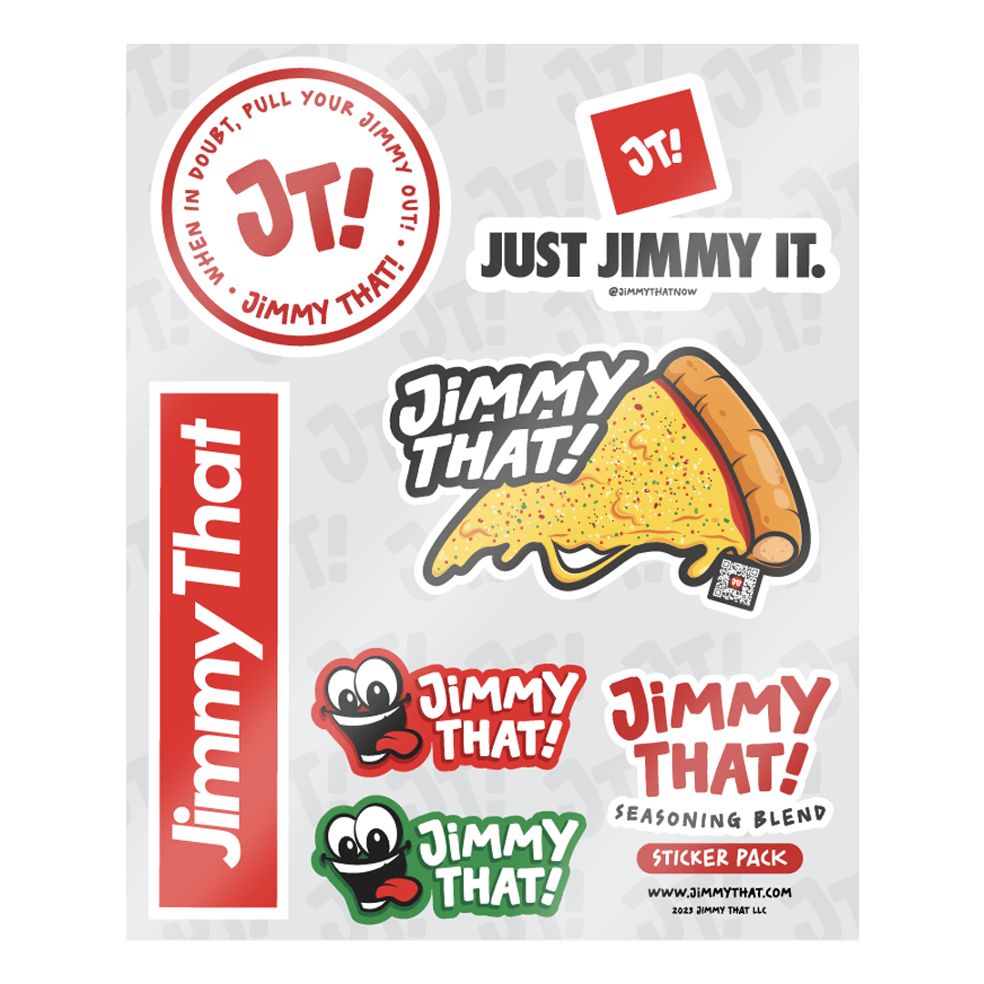 Jimmy That! sticker pack sheet with logo, pizza slice, Just Jimmy It and mascot stickers