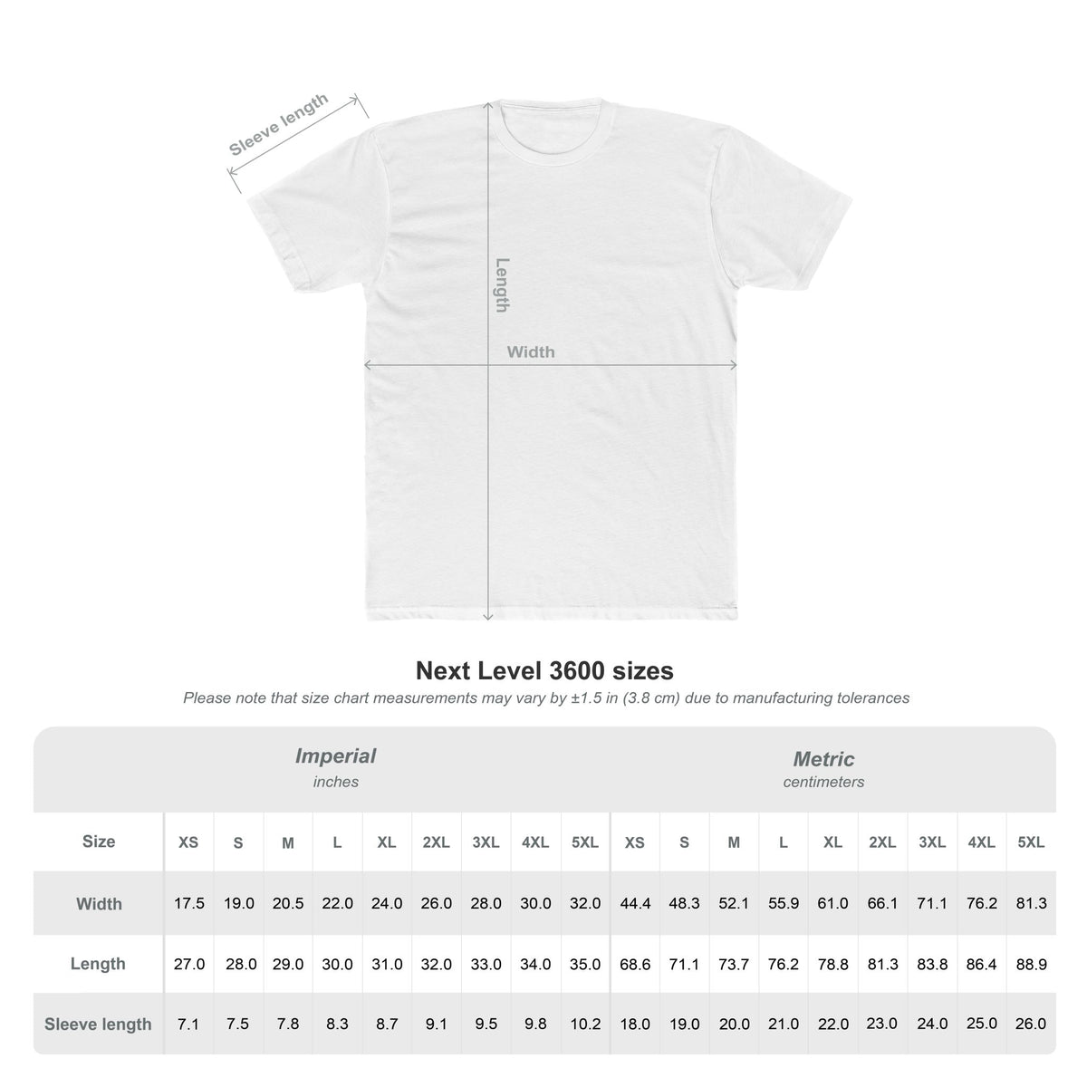 Next Level 3600 size chart showing width, length and sleeve length for sizes XS to 5XL
